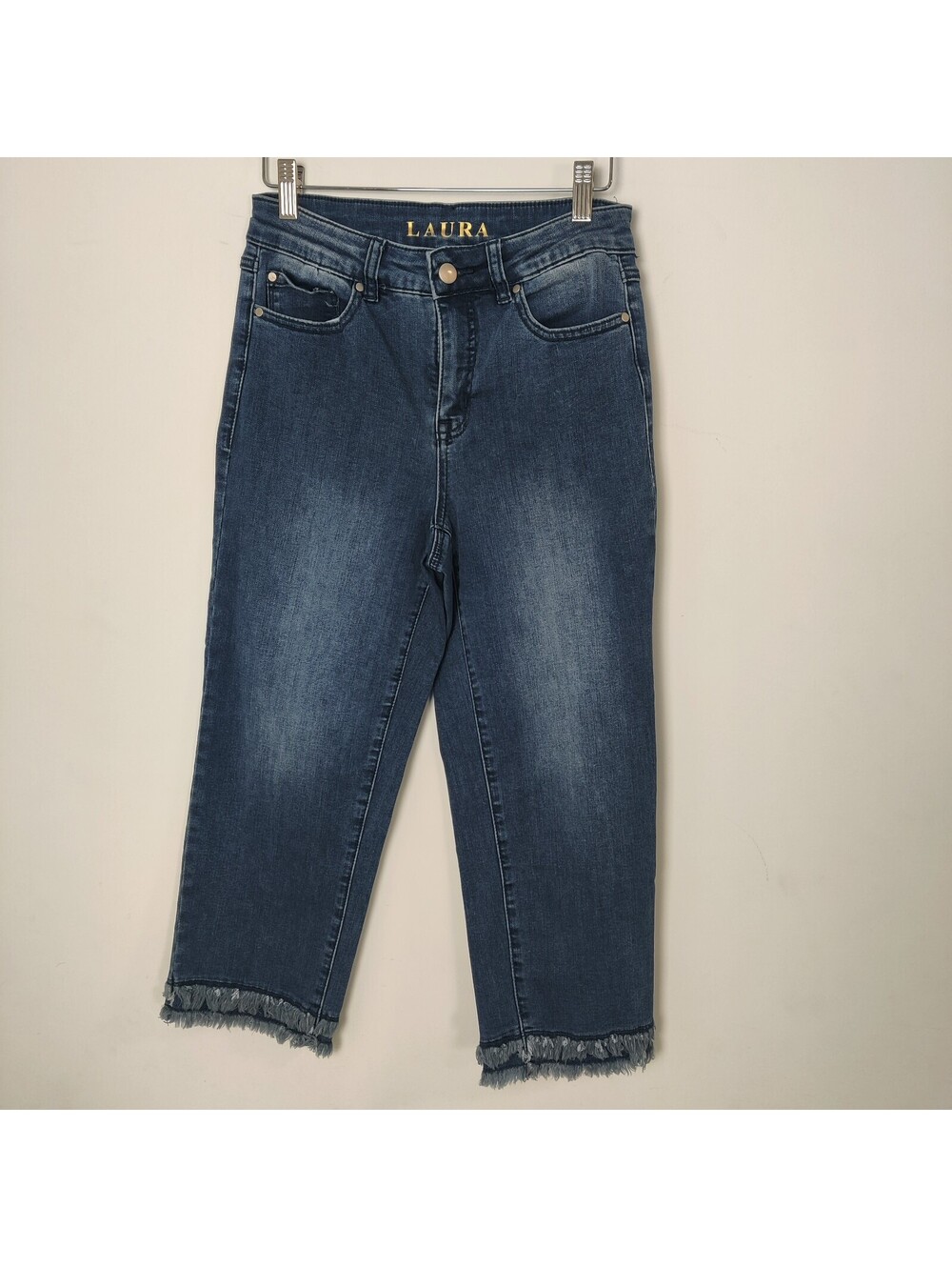 Laura Blue Medium Wash Frayed Raw Hem Straight Leg Ankle Crop Jeans Size 4